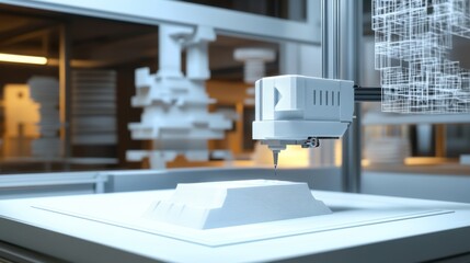 An AI powered robotic 3D printer creating complex architectural models in a futuristic design studio, modern creative workspace with holographic design interfaces, Architecture technology style