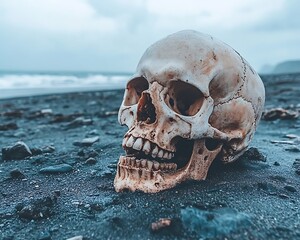A human skull rests upon a dark sandy beach