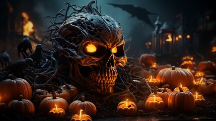 Obraz premium Enthralling Halloween Skull Amidst Glowing Pumpkins and a Spooky Night Scene