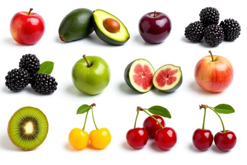A vibrant collection of fresh fruits showcasing nature's bounty: juicy apples, luscious berries, exotic figs, and creamy avocados, all against a crisp white background.