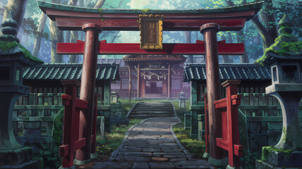 A digital painting in anime style of a traditional Japanese wooden Torii gate at the entrance of an ancient sacred forest shrine 