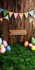 Easter eggs hunt decoration background with colorful bunting and wooden sign for holiday celebration