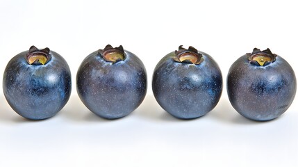 Four Fresh Blueberries with a Glossy Surface on White Background Highlighting Natural Beauty