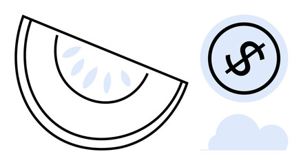 Obraz premium A simple citrus slice illustration paired with a dollar coin and a cloud outline. Ideal for finance, health, nature, sustainability, agriculture, minimalism themes, and eco-conscious concepts. Flat