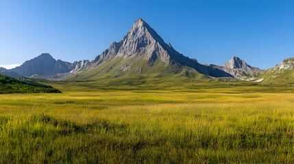 Fototapeta premium Expansive Mountain Landscape with Green Valley Under Clear Blue Sky During Daylight