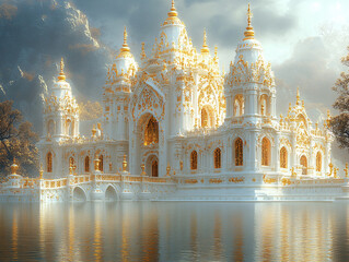 Obraz premium a grand, white and gold palace-like structure situated on a serene lake, with majestic mountains in the background. The architecture features intricate designs and multiple domes, creating a majestic 
