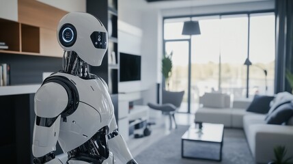 An AI powered robotic assistant conducting home repairs in a smart home, modern living room with real-time maintenance data and task automation, Smart home technology style