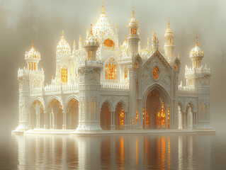 Obraz premium a grand, white and gold palace-like structure situated on a serene lake, with majestic mountains in the background. The architecture features intricate designs and multiple domes, creating a majestic 