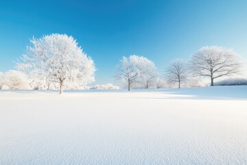 Obraz premium serene winter garden lies dormant under blanket of pristine snow under deep blue sky