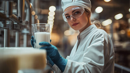 A worker at a modern dairy takes a milk sample from a large container for quality control analysis. Organic food concept. Healthy products