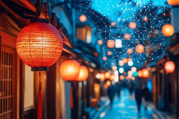 Red glowing lanterns illuminate a street with many lights and people