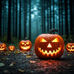  Spooky Halloween Pumpkins Glowing in a Dark Forest.