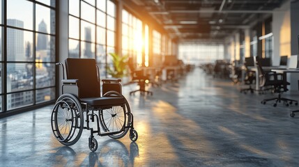 Fototapeta premium Wheelchair in modern office, sunset view, inclusivity