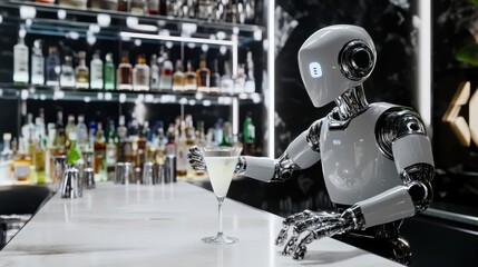 Fototapeta premium An AI powered robotic bartender creating signature cocktails in a luxury hotel bar, modern hospitality space with sleek robotic mixing technology, Hospitality automation style