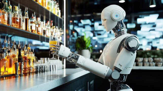 An AI powered robotic bartender creating signature cocktails in a luxury hotel bar, modern hospitality space with sleek robotic mixing technology, Hospitality automation style