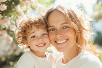 smiling mother with her child embrace in serene sunlit park showcasing loving bond surrounded by blooming flowers and