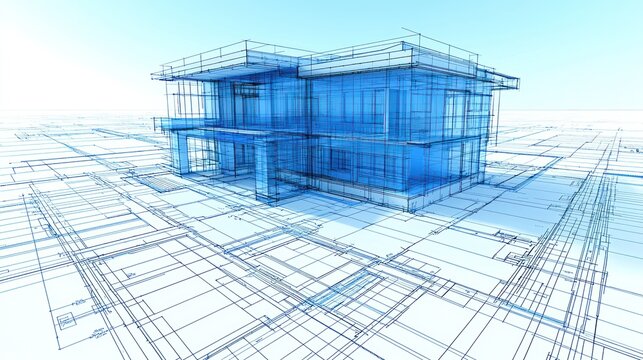 Modern glass house architectural blueprint;  design concept