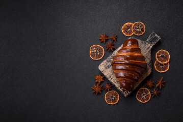 Sweet fresh crispy croissant with chocolate filling