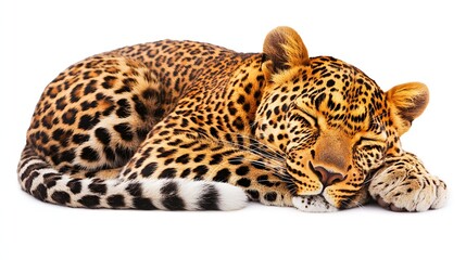 Obraz premium Majestic Leopard Sleeping Peacefully on a White Background with Striking Spotted Fur Patterns