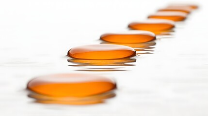 Series of Smooth Orange Water Drops Reflecting Light on a Calm Surface