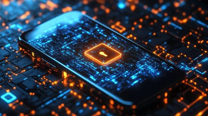A digital lock and encryption concept on a smartphone screen, visualizing secure data transmission in a tech-forward environment