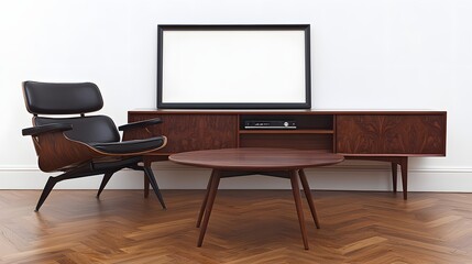 Modern Minimalist Living Room with Elegant Black Chair and Wooden Coffee Table