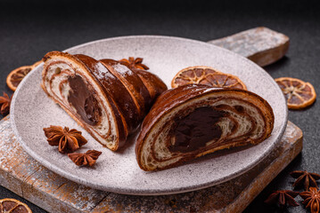 Sweet fresh crispy croissant with chocolate filling
