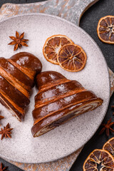 Sweet fresh crispy croissant with chocolate filling