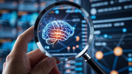 Close-Up of AI Brain with Magnifying Glass – Deep Learning & Tech Innovation

