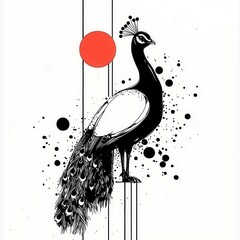 Monochrome Peacock with Red Circle Abstract Art
