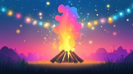 A massive bonfire crackling at the center of a night festival, its flames reaching high. String lights form elegant curves in the background, creating a magical and festive setting. minimalism, 