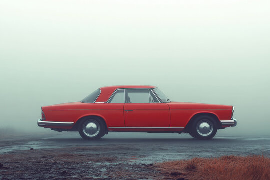A red car is parked on a wet road
