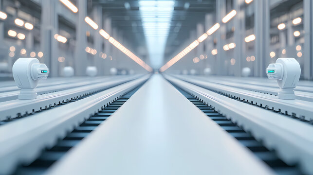 A futuristic industrial setting featuring white robotic sensors along parallel tracks in a well-lit environment.