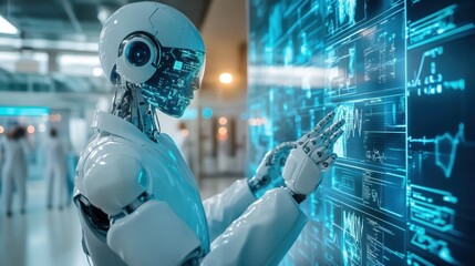 A futuristic healthcare system, where AI robots and wearable devices monitor patient health and provide real-time feedback to doctors