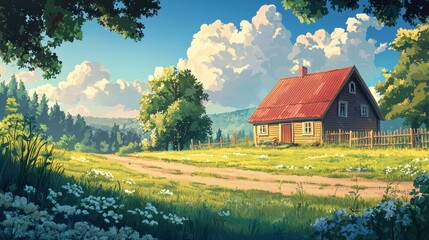 Obraz premium Rural landscape rural house illustration, summer pastoral rural revitalization scene concept illustration.