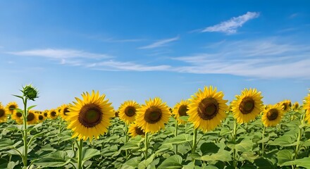 Fototapeta premium A bright summer sunflower field with a clear sky section for copy, AI Generated