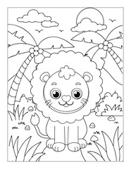 Cute Cartoon Lion in a Jungle Coloring Page