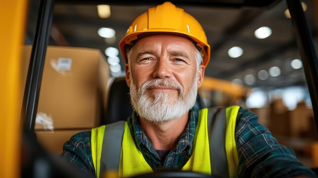 Confident Senior Worker Operating Forklift in Warehouse with Safety Gear