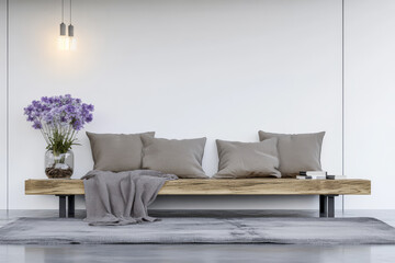 Modern living room with rustic bench and decorative flowers for stylish home decor
