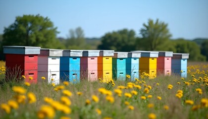 Colorful bee hives in a blooming field under a clear sky  
