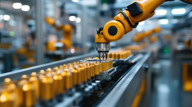A modern factory with automated production lines, robotic arms assembling products with precision and efficiency