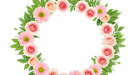 A circular floral wreath of pastel flowers surrounding an empty space for text, AI Generated