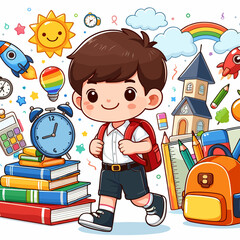 Fototapeta premium A cartoon boy is walking with a backpack and a book bag