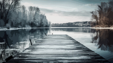 Naklejka premium A wooden pier sits on a lake with a snowy background