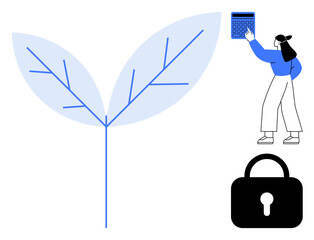 Obraz premium Leaf symbolizing sustainability, person using calculator for data analysis, padlock for security. Ideal for sustainability, innovation, finance, data, growth technology safety. Flat simple metaphor