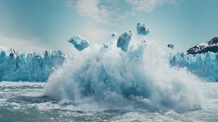 Naklejka premium A majestic glacier collapsing into the ocean, with large chunks breaking off and splashing into the icy water