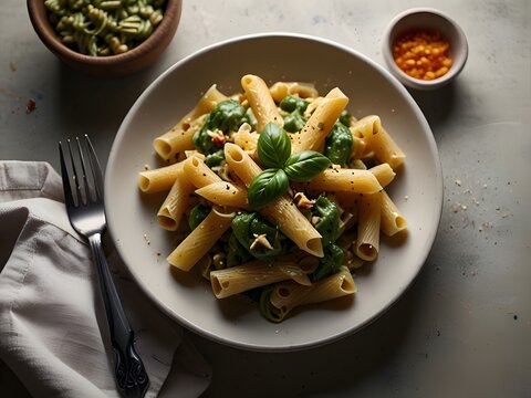 A high-quality, realistic photograph of a plate of penne pasta coated in rich, creamy green pesto sauce