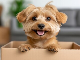 Relaxed dog enjoys comfort in cardboard box while preparing for moving in cozy living room