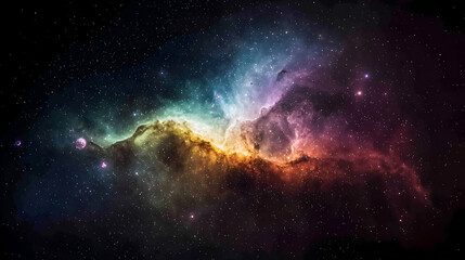 Naklejka premium Colorful Nebula In Space Featuring Bright Stars And Cosmic Clouds Illuminated Against Dark Night Sky