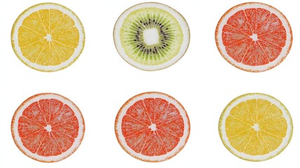 Obraz premium Colorful Arrangement of Fresh Fruit Slices Including Lemon Kiwi and Grapefruit on White Background